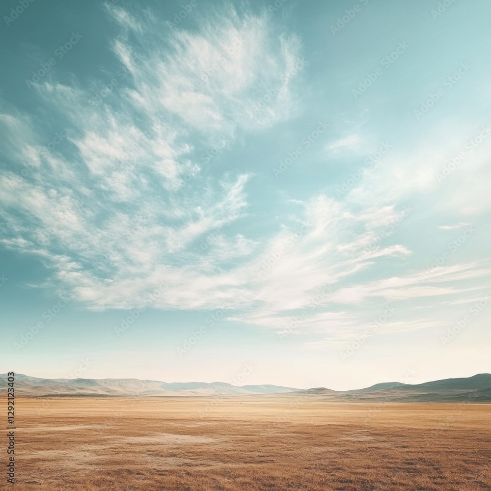 Poster Vast open landscape under a bright sky with scattered clouds and distant mountains in the background during daytime. Generative AI