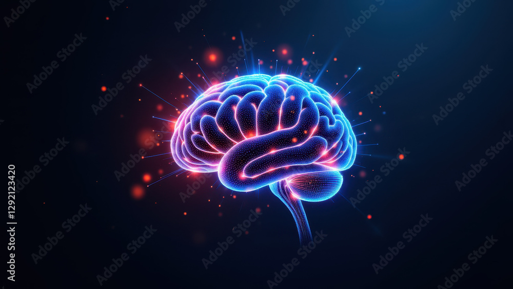 Poster this image depicts a human brain with colorful visual effects, representing artificial intelligence 