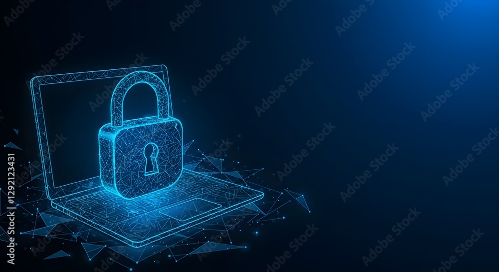 Poster a digital illustration of a laptop displaying a glowing lock symbol, representing cybersecurity and 