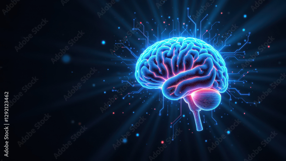 Poster artificial general intelligence - agi represented with a glowing brain against a cosmic backdrop.