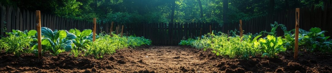 Fototapeta premium Vibrant Vegetable Garden with Freshly Planted Crops and Wooden Stakes. Generative AI