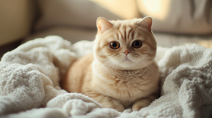 Photograph of a Snoopy cat with a round face, flat nose, and large expressive eyes, sitting on a soft white blanket.