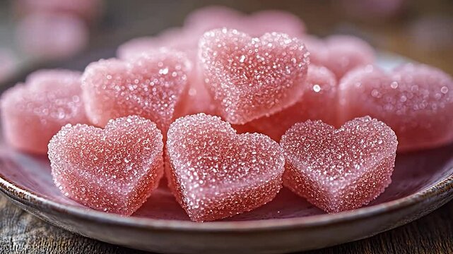 Heart-shaped gummy candies on a plate, close-up, with wooden background. Potential use Valentine's Day, party, or dessert concept