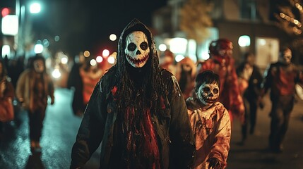 Obraz premium Spooky Halloween Night Zombie Walk Scary Masks Festive Crowd Urban Street Dark Atmosphere Grim Horror Costume Party Bloody Nighttime City Scene Spooky