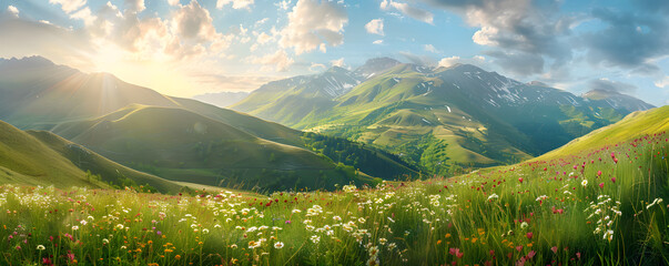 Obraz premium Serene mountain meadow at sunrise