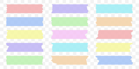 Creative sticky tape vector set with torn edges. Collection of ripped washi tape strips in pastel colors. Great for mood boards, digital collages, scrapbooking, planners, crafts, DIY projects.