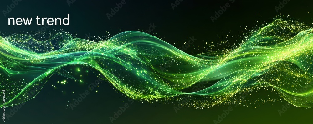 Poster dynamic abstract wave background with bright green and yellow particles
