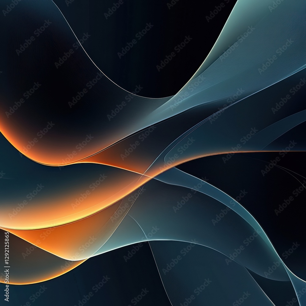Poster Flowing abstract lines create a soothing visual experience in deep blue and vibrant orange. Generative AI