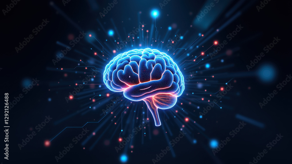 Poster Artificial General Intelligence representation with glowing circuits around a human brain.