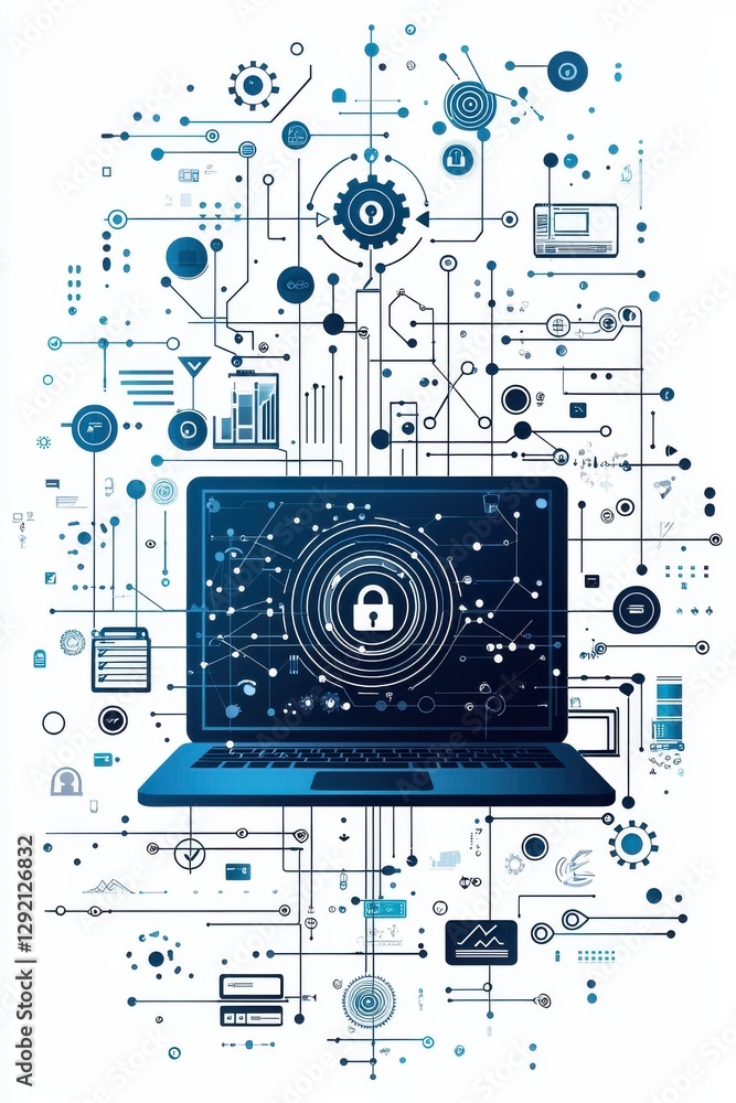 Poster digital illustration of computer cybersecurity with connection lines and safe icons