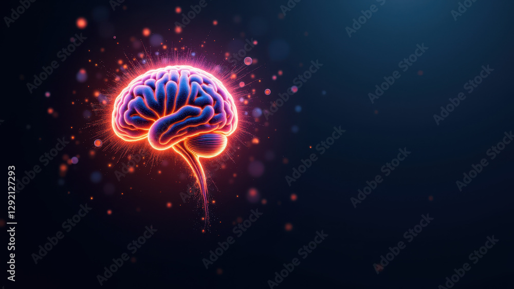 Poster brain with neon light effects representing artificial general intelligence.