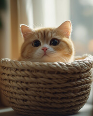 Photograph of a Snoopy cat with a chubby, round face and a cute pink nose, sitting inside a small woven basket.