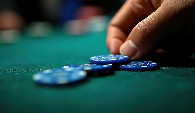 Close-up of a hand placing blue poker chips on a casino table