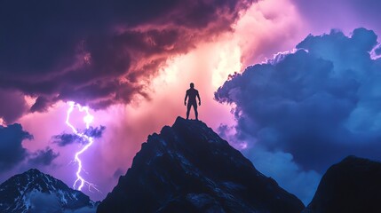 The silhouette of a man standing atop a mountain, seemingly summoning or controlling lightning in a dramatic natural scene

