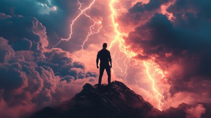 Obraz premium The silhouette of a man standing atop a mountain, seemingly summoning or controlling lightning in a dramatic natural scene