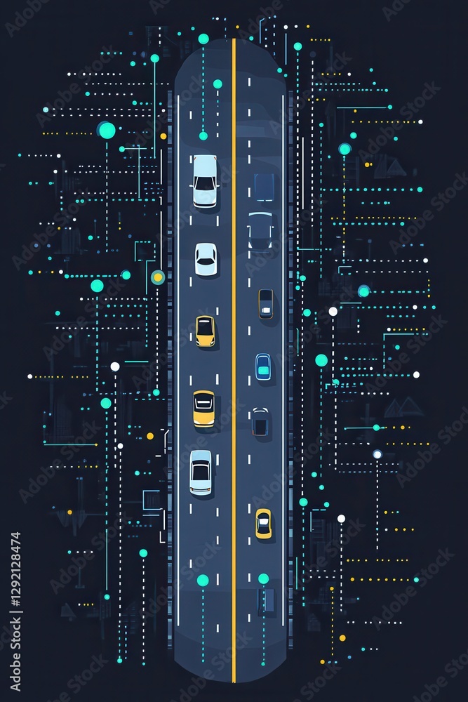 Poster futuristic traffic system depicting autonomous vehicles and data visualizations