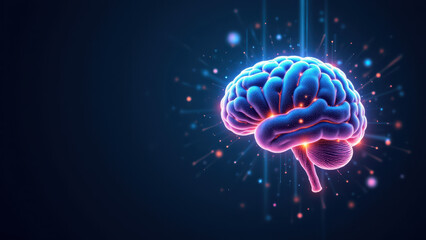A stylized representation of artificial general intelligence or AGI with a glowing brain and dynamic particles suggesting power and complexity.