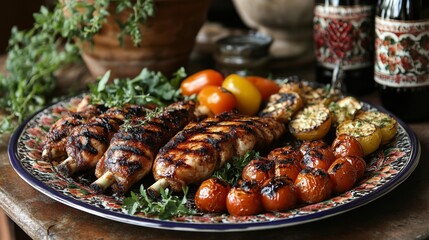 Fototapeta premium Grilled Chicken with Colorful Veggies and Tomatoes in a Delicious BBQ Feast. Generative AI