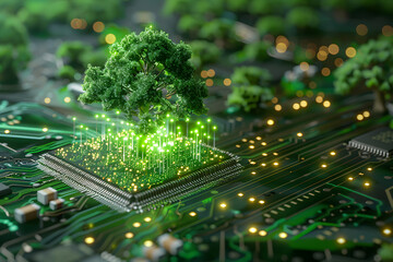 Green technology concept with tree on circuit board