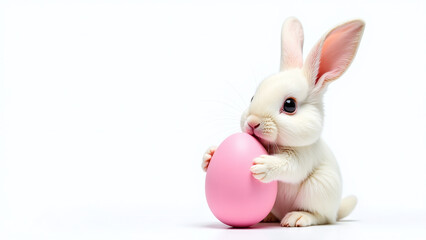 Fototapeta premium cute bunny holds pink easter egg white