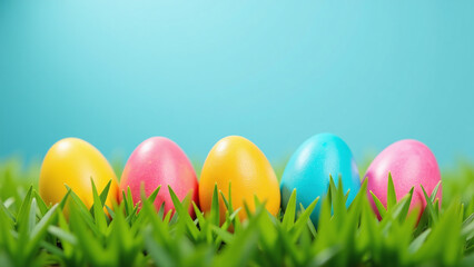 group colorful easter eggs sit among vibrant green