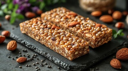 Wholesome Protein Bar with Nuts and Seeds for Energy and Health. Generative AI