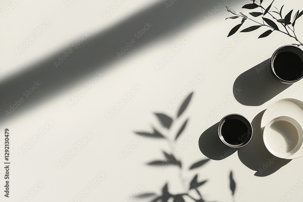 Poster Elegant arrangement of coffee cups with shadows and greenery on a bright surface during morning light. Generative AI