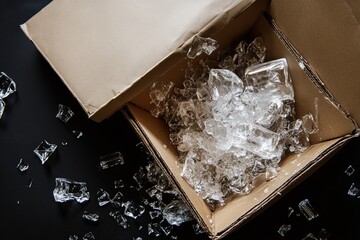 Fragile glass items broken in shipping box on black surface. Generative AI