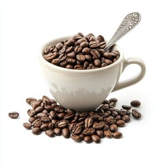 Fototapeta premium Cup of Coffee Beans with Spoon – Isolated on White Background