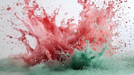 A splash of red and green paint is splattered across a white background