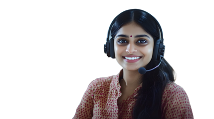 A photo of indian female customer service operator with headset and smiling, with collegues at background.