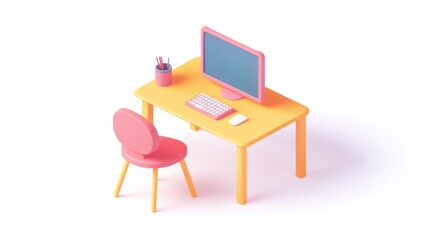 Fototapeta premium Simple isometric 3D workspace, computer, chair, table, minimal