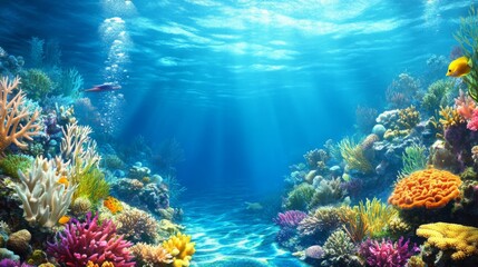 Naklejka premium Underwater coral reef vibrant marine life, sun rays, peaceful scene. Possible use Stock photo for nature, travel, or educational materials