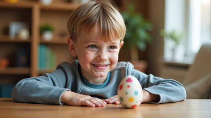 smiling boy gazes beautifully decorated easter egg living room