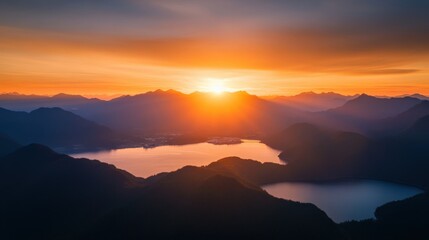Golden Sunrise Over Mountain Lake Landscape