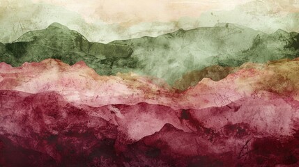 A painting of mountains with a green and brown background