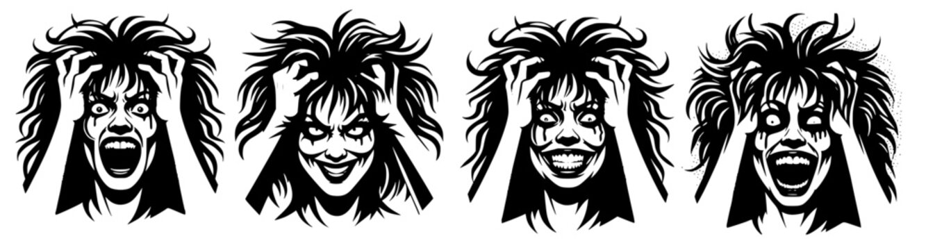 Four vector drawings of crazy scary mad woman
