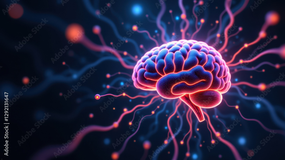 Aufkleber an artistic representation of a human brain with glowing neural pathways against a dark background, 