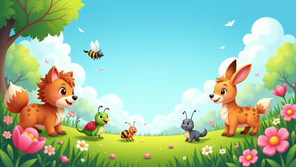 Naklejka premium animated spring scene features animals insects flowers green field suitable various digital marketing