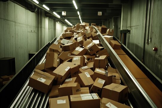 Conveyor belt overloaded with parcels in a logistics facility. Generative AI