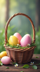 Naklejka premium artificial intelligence creates easter eggs wicker baskets part easter illustrations generated