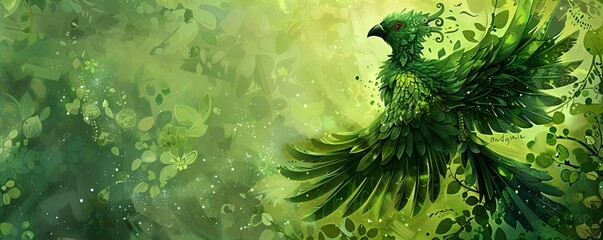 Fantasy green phoenix bird rising in mystical forest background with magical sparkles. Abstract digital illustration for fantasy art, game design and book covers