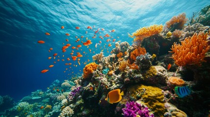 Fototapeta premium Vibrant coral reef teeming with colorful fish underwater