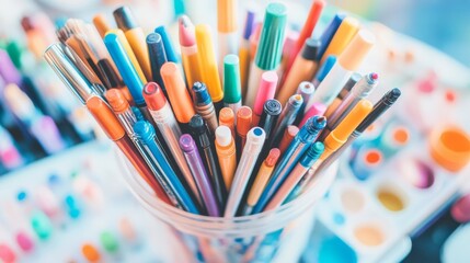 Fototapeta premium Many colorful markers in bag, closeup. Art supplies