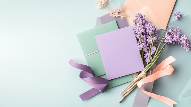 Purple envelope with blank card on green fabric, surrounded by purple hyacinth flowers and green ribbon. Wedding invitation template.