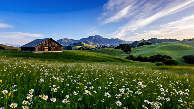 Picturesque landscape showcasing a barn nestled in a daisy field, with mount diablo majestically rising in the distance