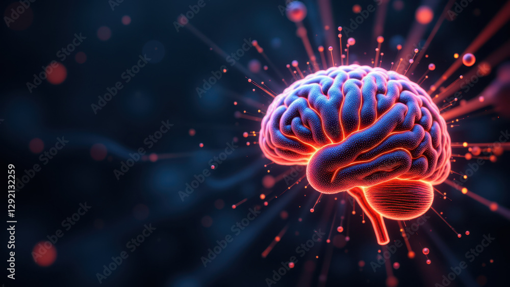 Poster artificial general intelligence represented by a futuristic brain with dynamic energy flow.