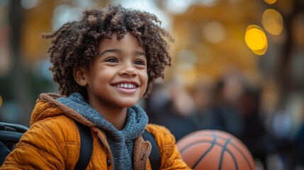 Smiling young boy playing basketball outdoors in the fall with a ball. Generative AI