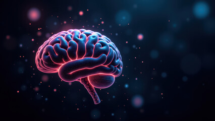 Fototapeta premium An illustration featuring a human-like brain with pink and blue hues against a dark background speckled with stars, symbolizing artificial general intelligence.