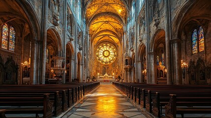 Obraz premium Majestic cathedral interior, rose window, high ceilings, pews, altar.